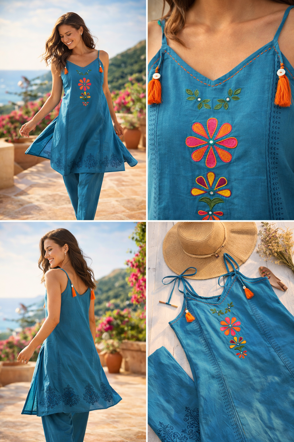 Teal Block-Printed Embroidered Kurta Set