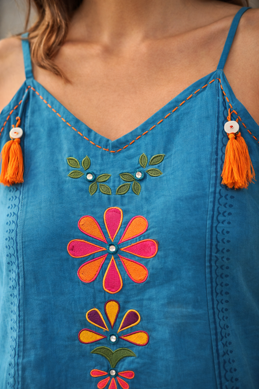 Teal Block-Printed Embroidered Kurta Set